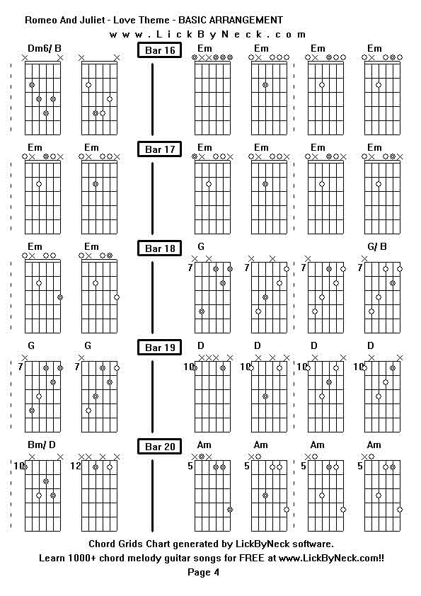 Chord Grids Chart of chord melody fingerstyle guitar song-Romeo And Juliet - Love Theme - BASIC ARRANGEMENT,generated by LickByNeck software.